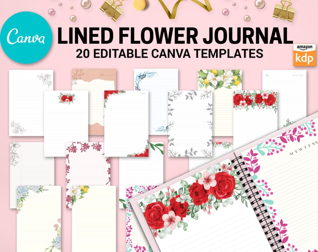 Canva Lined Flower Journal, 20 Editable Templates for Notebook, Canva KDP editable interiors Bundle