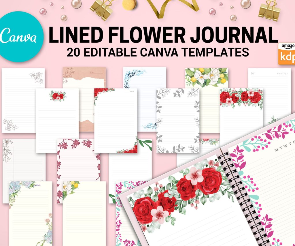 Canva Lined Flower Journal, 20 Editable Templates for Notebook, Canva KDP editable interiors Bundle