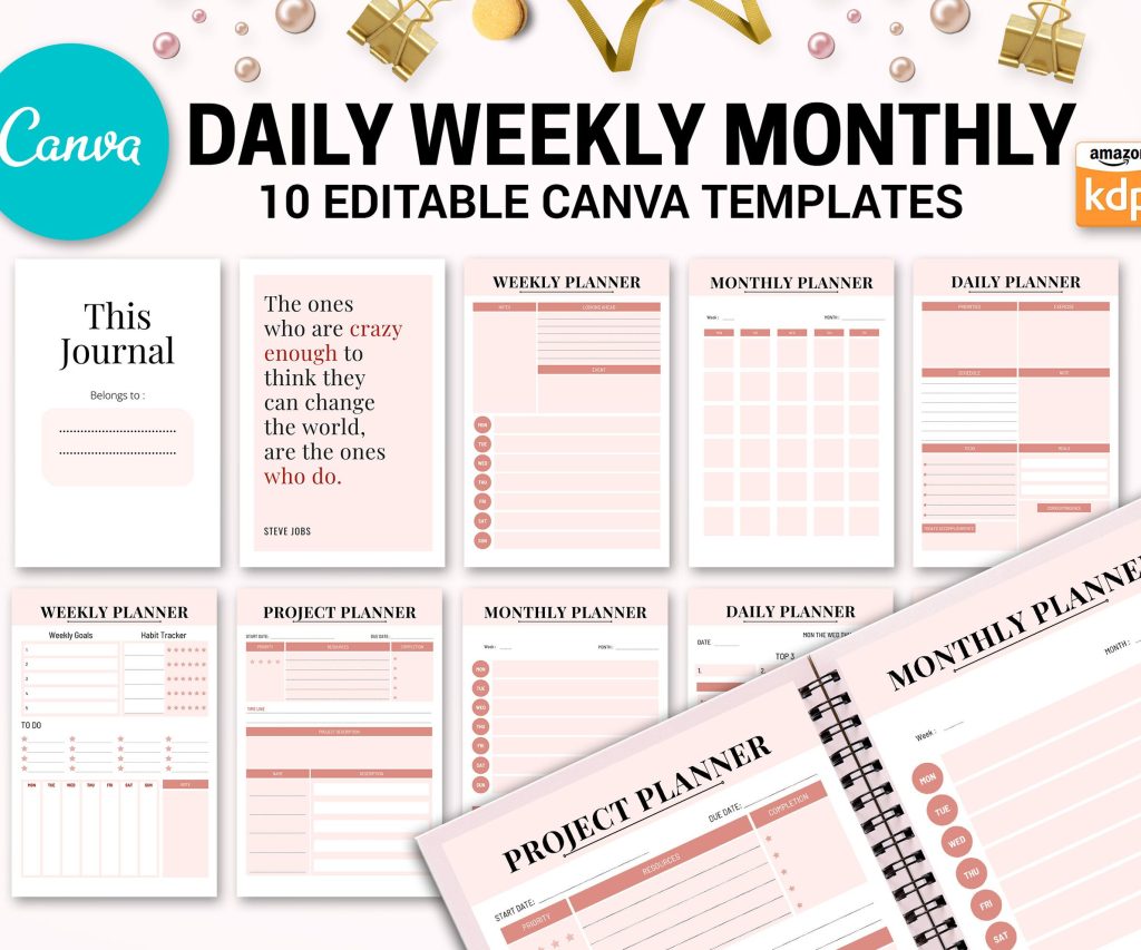Canva Daily Weekly Monthly Planner 10 Templates for Journal, Canva KDP Planner editable interiors Bundle COMMERCIAL USE