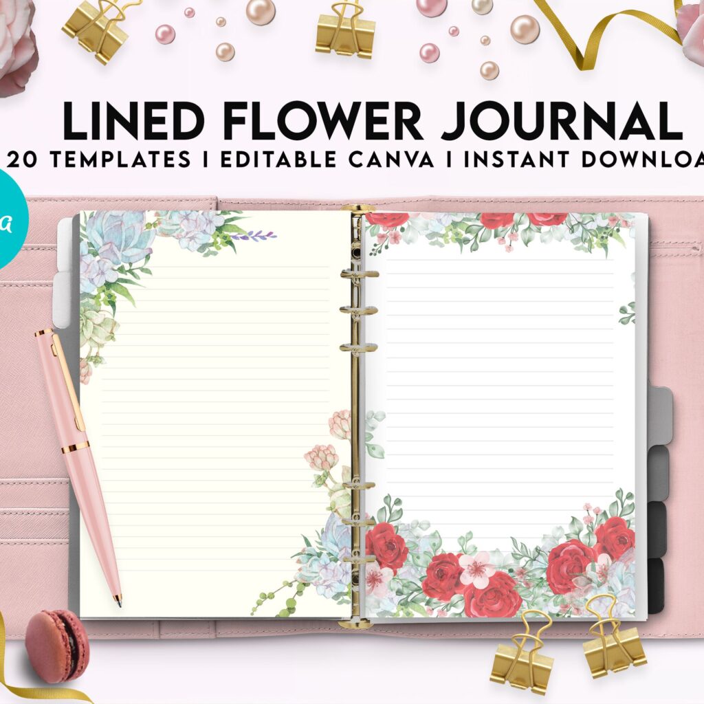 Canva Lined Flower Journal, 20 Editable Templates for Notebook, Canva KDP editable interiors Bundle