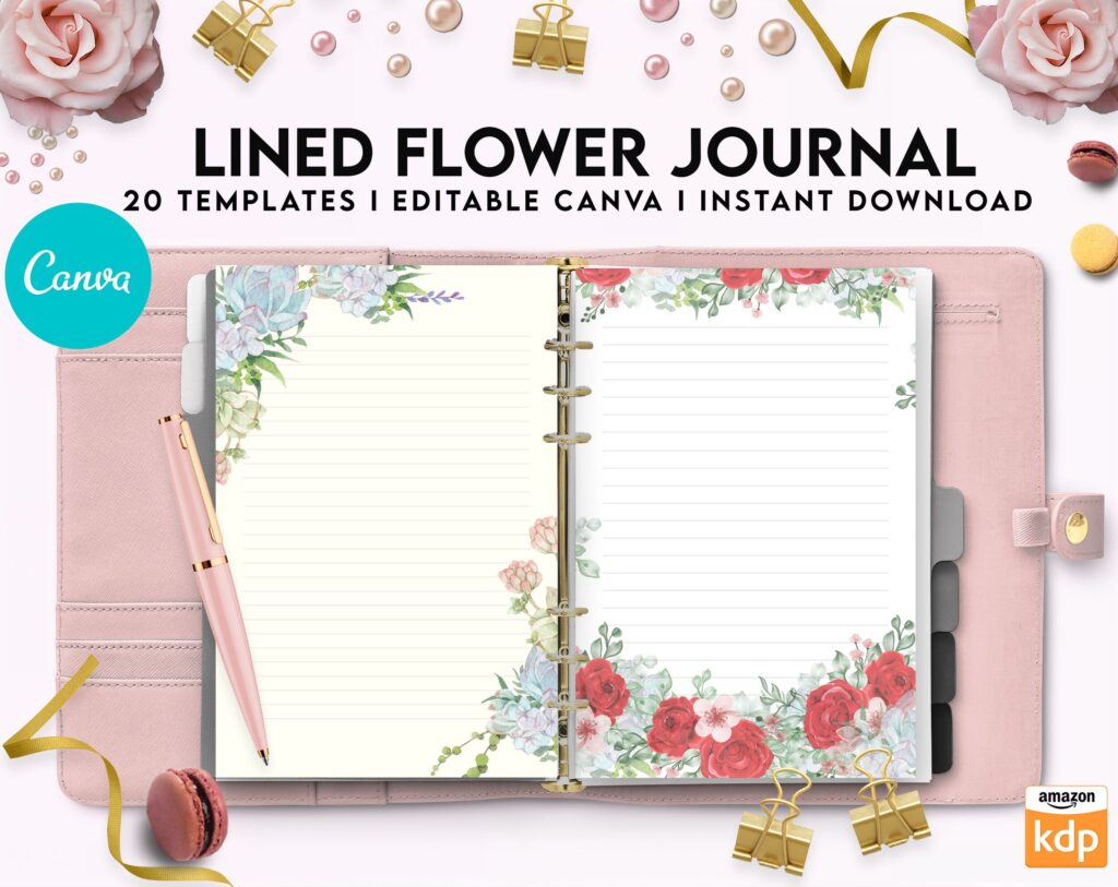 Canva Lined Flower Journal, 20 Editable Templates for Notebook, Canva KDP editable interiors Bundle