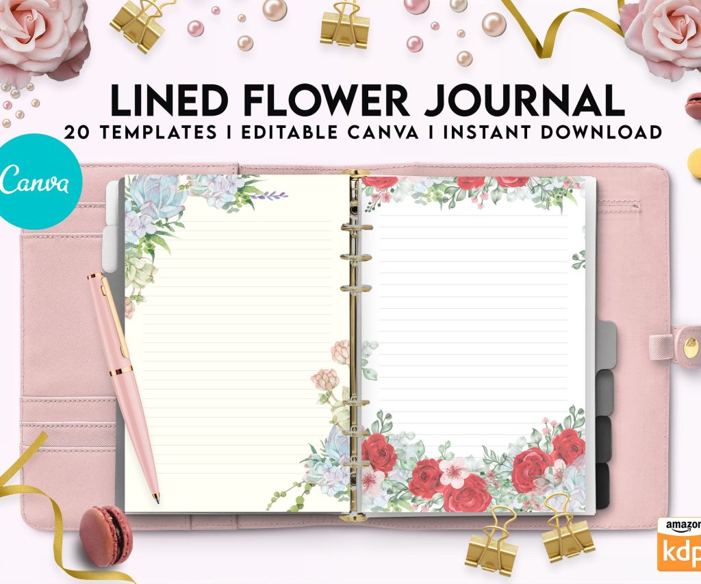 Canva Lined Flower Journal, 20 Editable Templates for Notebook, Canva KDP editable interiors Bundle