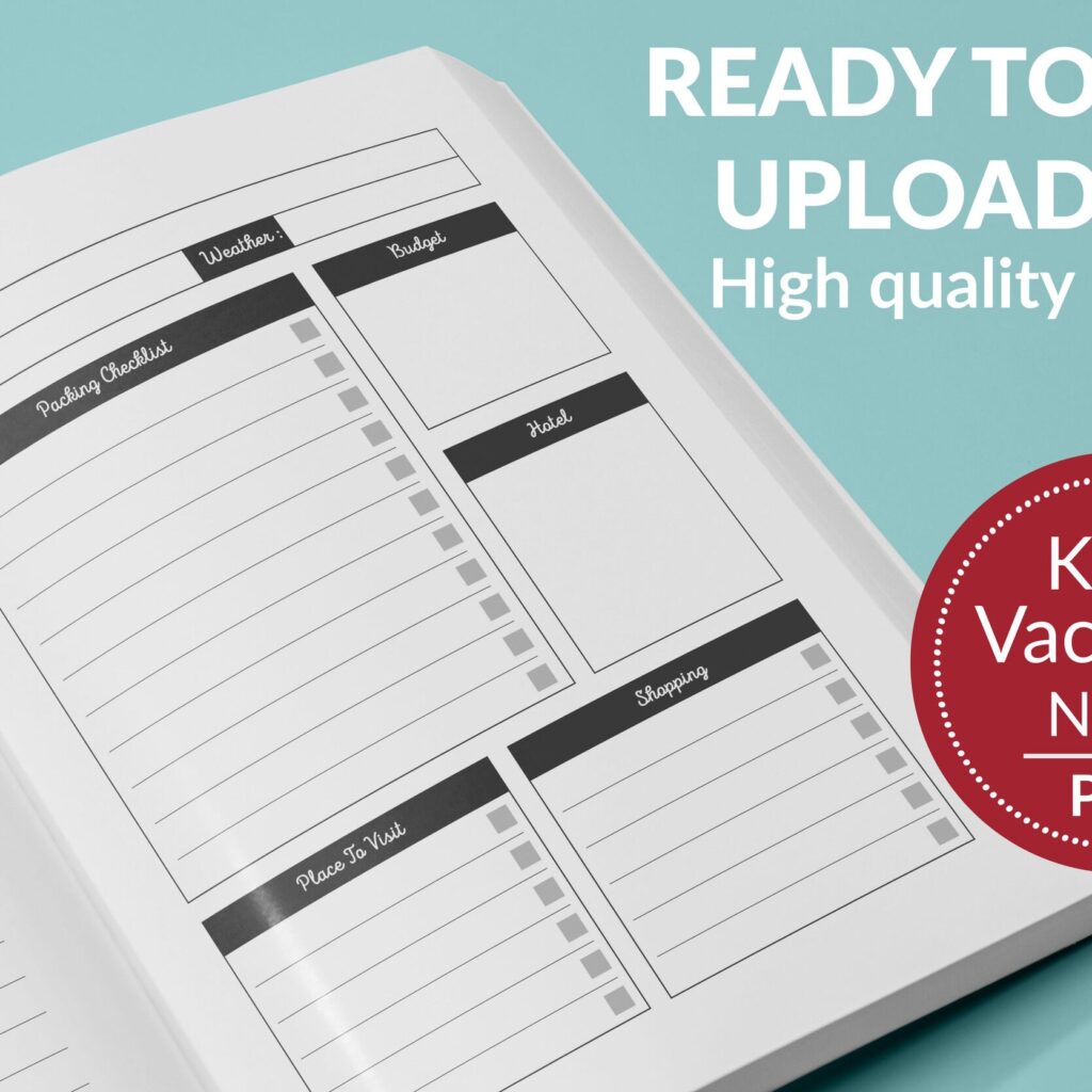 Vacation Planner Journal 120 pages Ready to Upload PDF Commercial use Low Content tracker Vacation Log book KDP Template 6×9 8.5×11 5×8