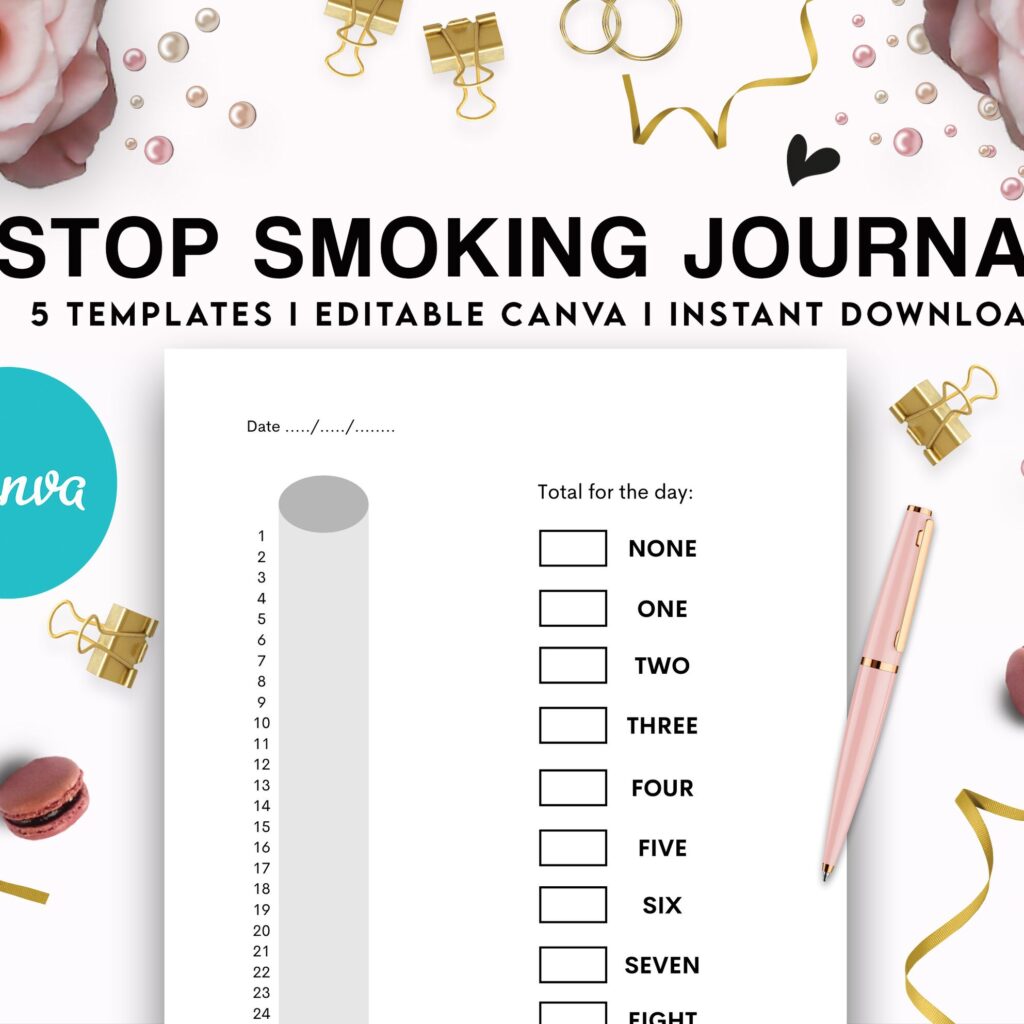 Stop Smoking Tracker Journal 5 Editable Canva Templates for Journal, Canva KDP editable interior to Quit Smoking COMMERCIAL USE