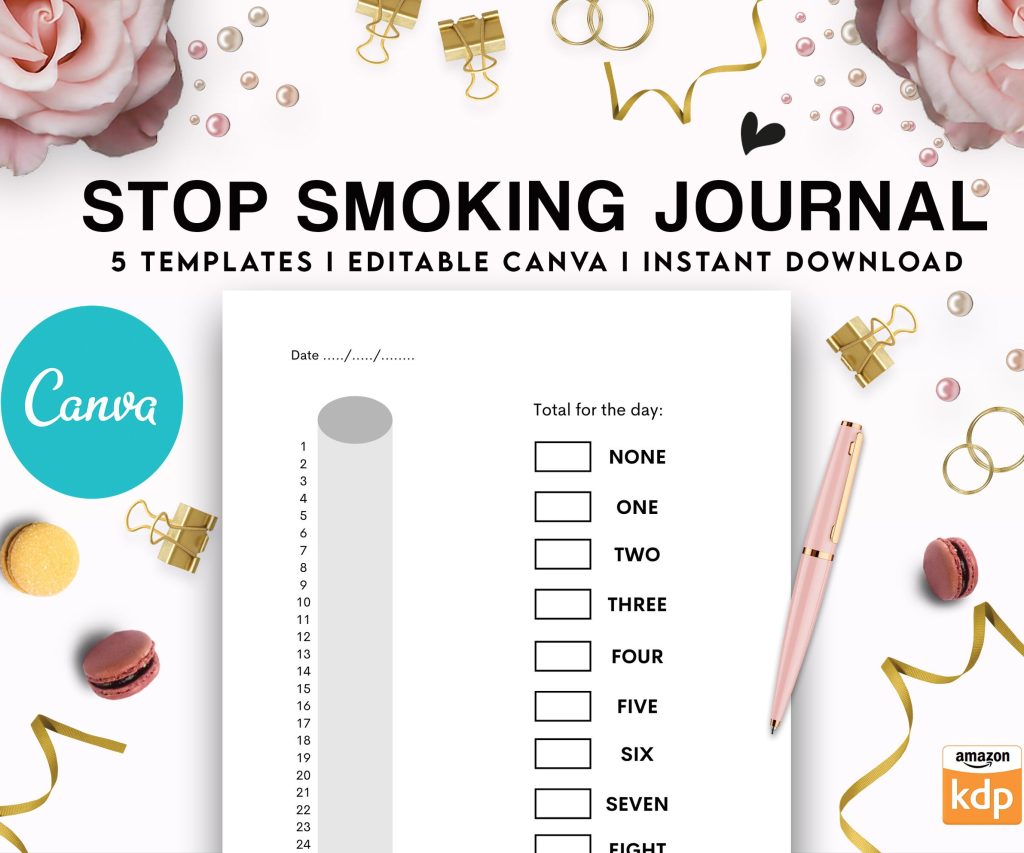 Stop Smoking Tracker Journal 5 Editable Canva Templates for Journal, Canva KDP editable interior to Quit Smoking COMMERCIAL USE