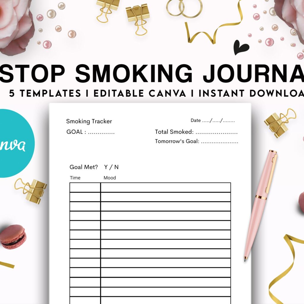 Stop Smoking Tracker Journal 5 Editable Canva Templates for Journal, Canva KDP editable interior to Quit Smoking COMMERCIAL USE
