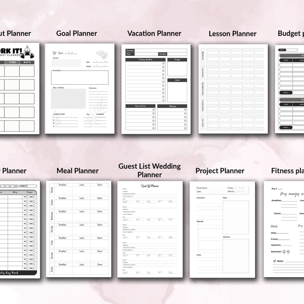 Amazon KDP Planner Bundle of 10 interiors 3 Size 6×9 8.5×11 5×8 Low Content Books Logbook, Workbook… , Ready To Upload PDF COMMERCIAL Use