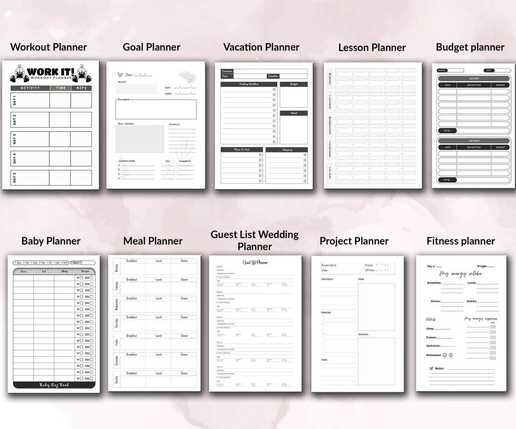 Amazon KDP Planner Bundle of 10 interiors 3 Size 6×9 8.5×11 5×8 Low Content Books Logbook, Workbook… , Ready To Upload PDF COMMERCIAL Use