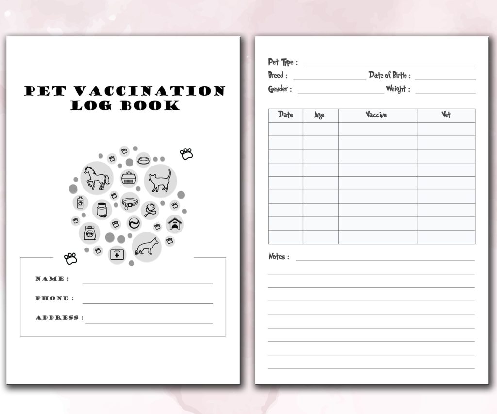 Pet Vaccination Log Book 120 pages Ready to Upload PDF Commercial use Low Content tracker or Vet Visit log Book KDP Template 6×9 8.5×11 5×8