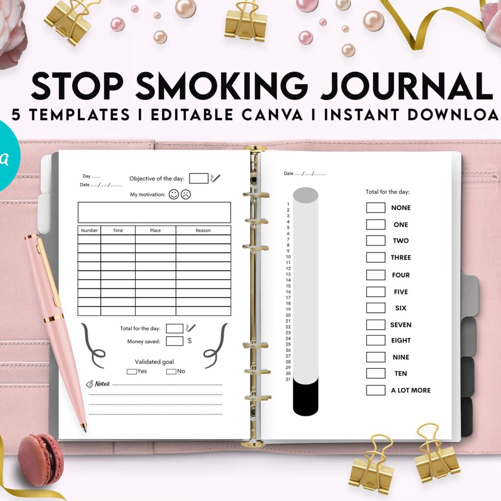 Stop Smoking Tracker Journal 5 Editable Canva Templates for Journal, Canva KDP editable interior to Quit Smoking COMMERCIAL USE