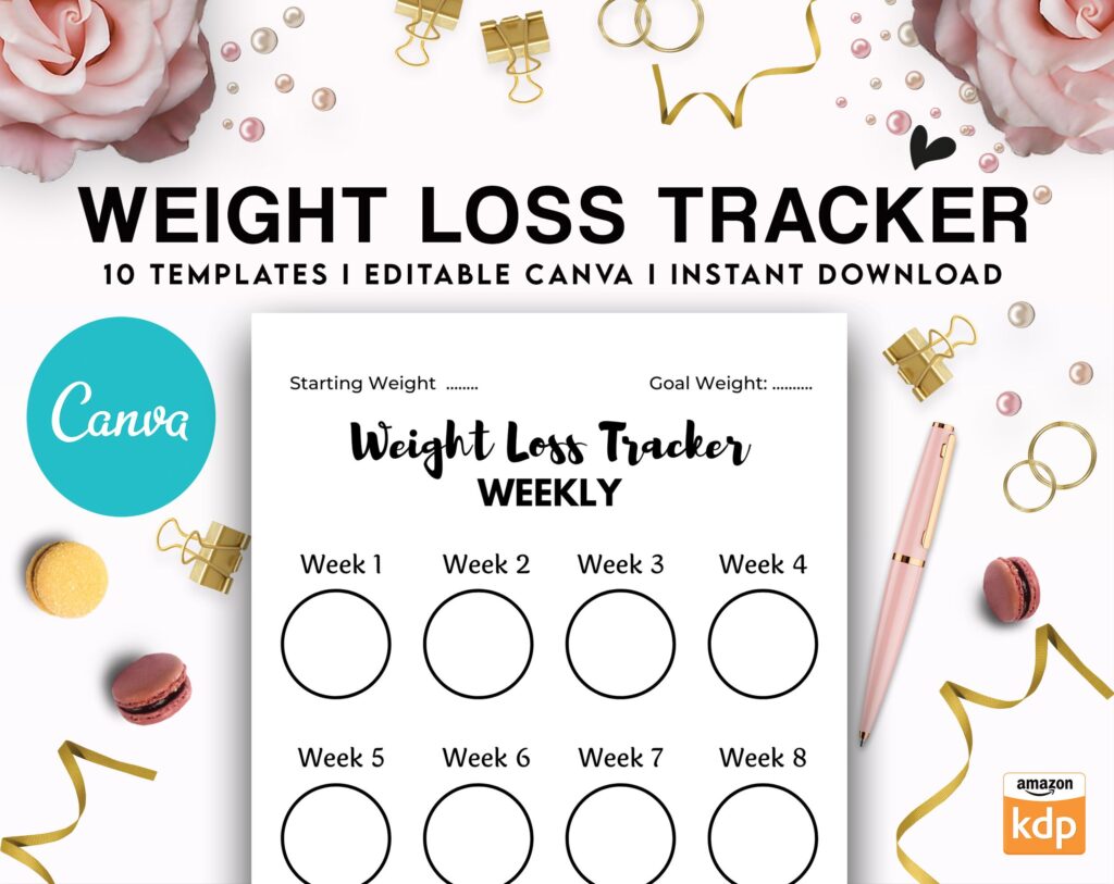 Canva Fitness & Weight Loss Tracker Journal 10 Editable Templates Planner for Journal, Canva KDP editable interiors Bundle COMMERCIAL USE
