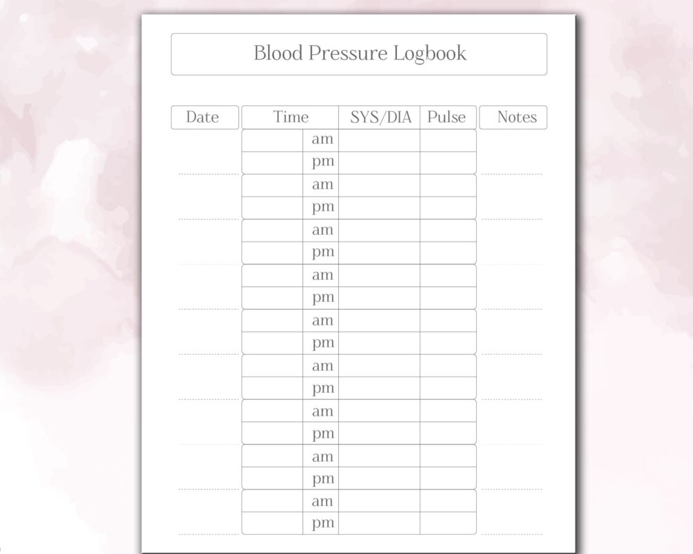 Blood Pressure Log Sheets: 120 Printable PDF Pages for Daily Blood ...