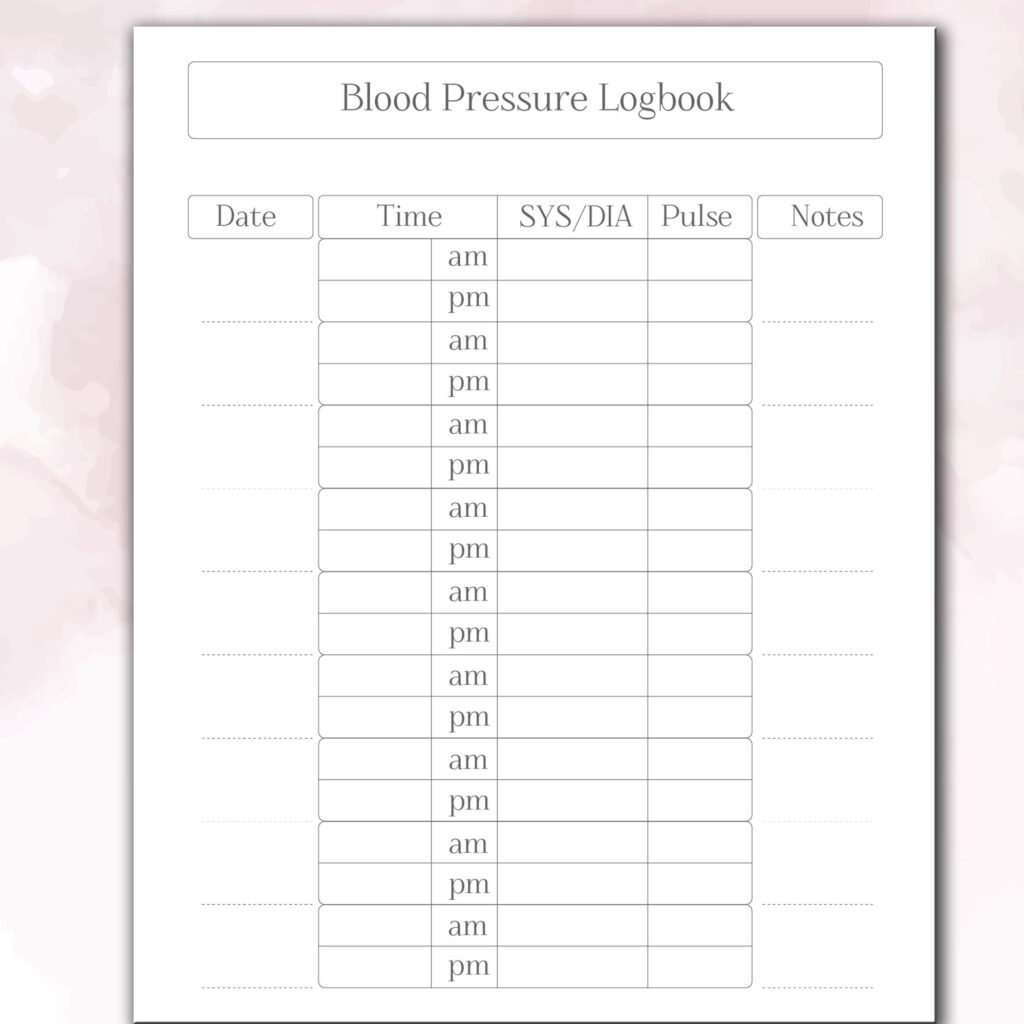 Blood Pressure Log Book 120 pages Ready to Upload PDF Commercial use Low Content Planner tracker or log Book KDP Template 6×9 8.5×11 5×8