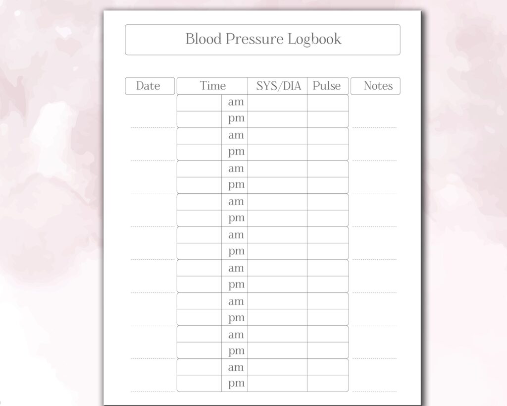 Blood Pressure Log Book 120 pages Ready to Upload PDF Commercial use Low Content Planner tracker or log Book KDP Template 6×9 8.5×11 5×8
