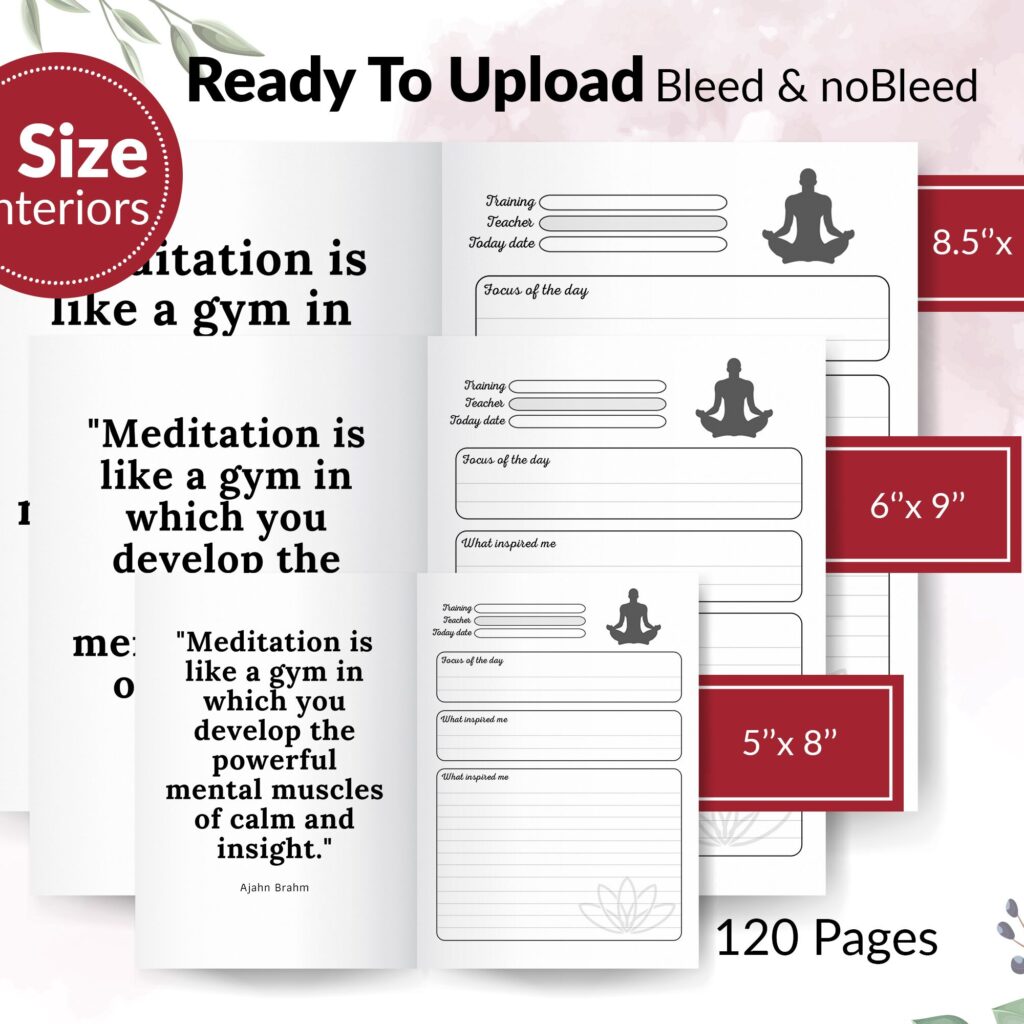 Meditation Yoga Journal 120 pages Ready to Upload PDF Commercial use Low Content tracker or log Book KDP 6×9 8.5×11 5×8
