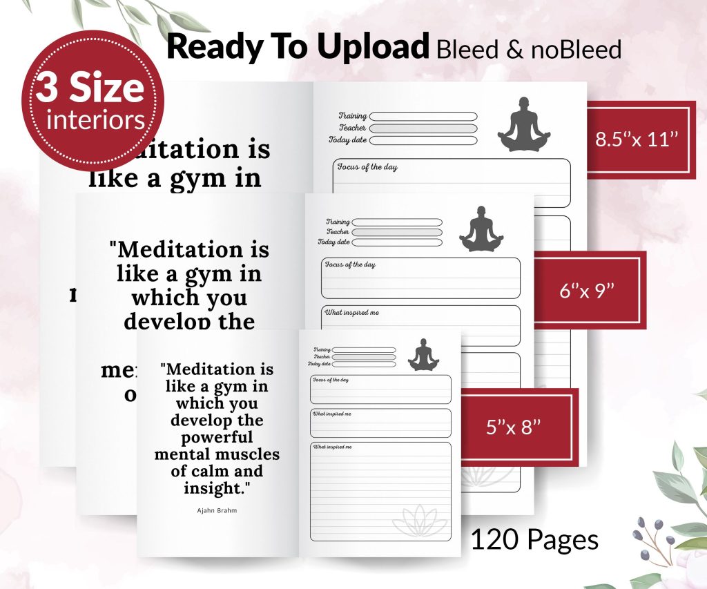 Meditation Yoga Journal 120 pages Ready to Upload PDF Commercial use Low Content tracker or log Book KDP 6×9 8.5×11 5×8
