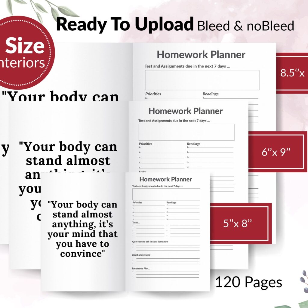 Homework Planner and Journal 120 pages Ready to Upload PDF Commercial use Low Content Book KDP Template sizes : 8.5×11 6×9 5×8