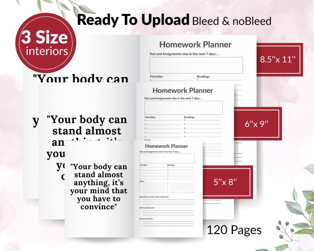 Homework Planner and Journal 120 pages Ready to Upload PDF Commercial use Low Content Book KDP Template sizes : 8.5×11 6×9 5×8