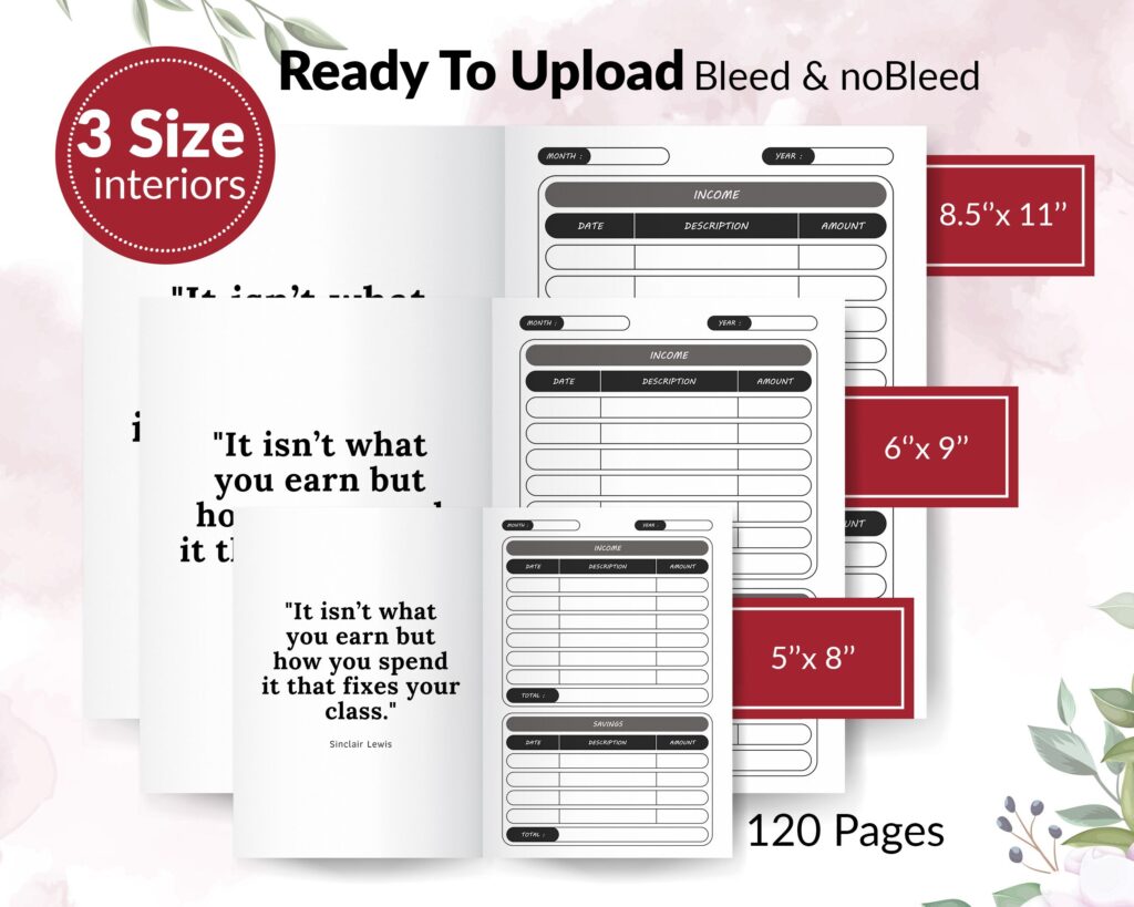 Budget Planner Journal 120 pages Ready to Upload PDF Commercial use Low Content Tracker budget Log KDP Template 6×9 8.5×11 5×8