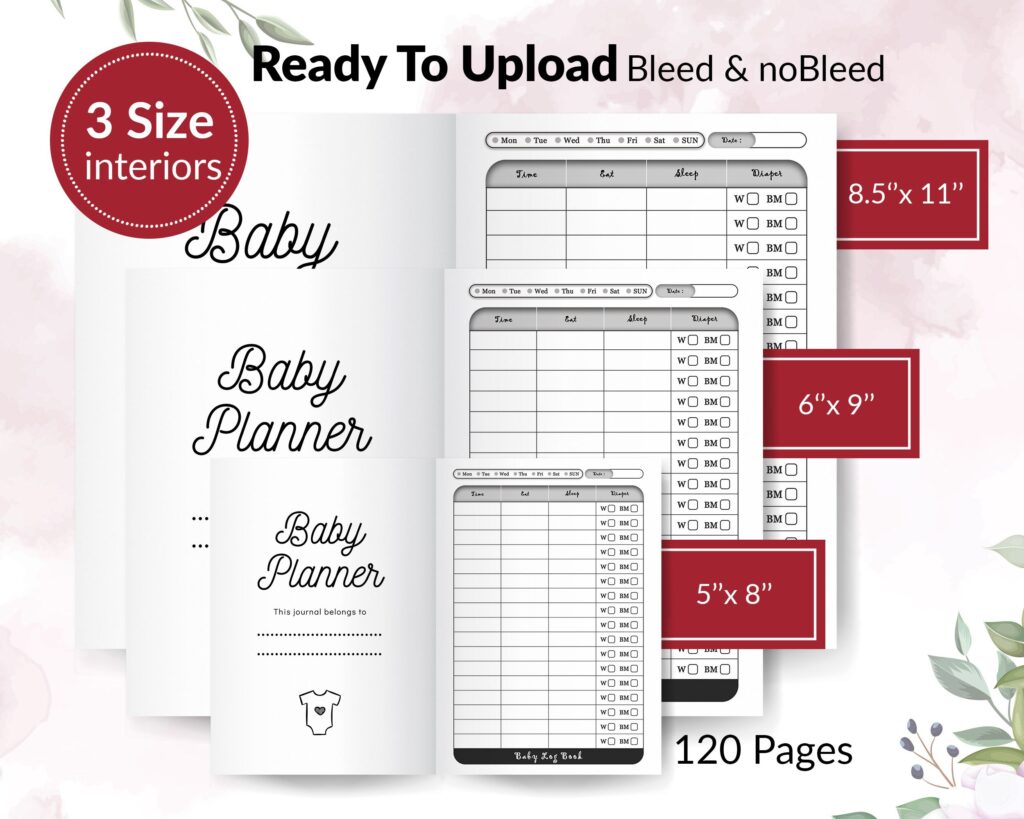 Baby tracker Journal 120 pages Ready to Upload PDF Commercial use Low Content tracker Baby Care Log KDP Template 6×9 8.5×11 5×8