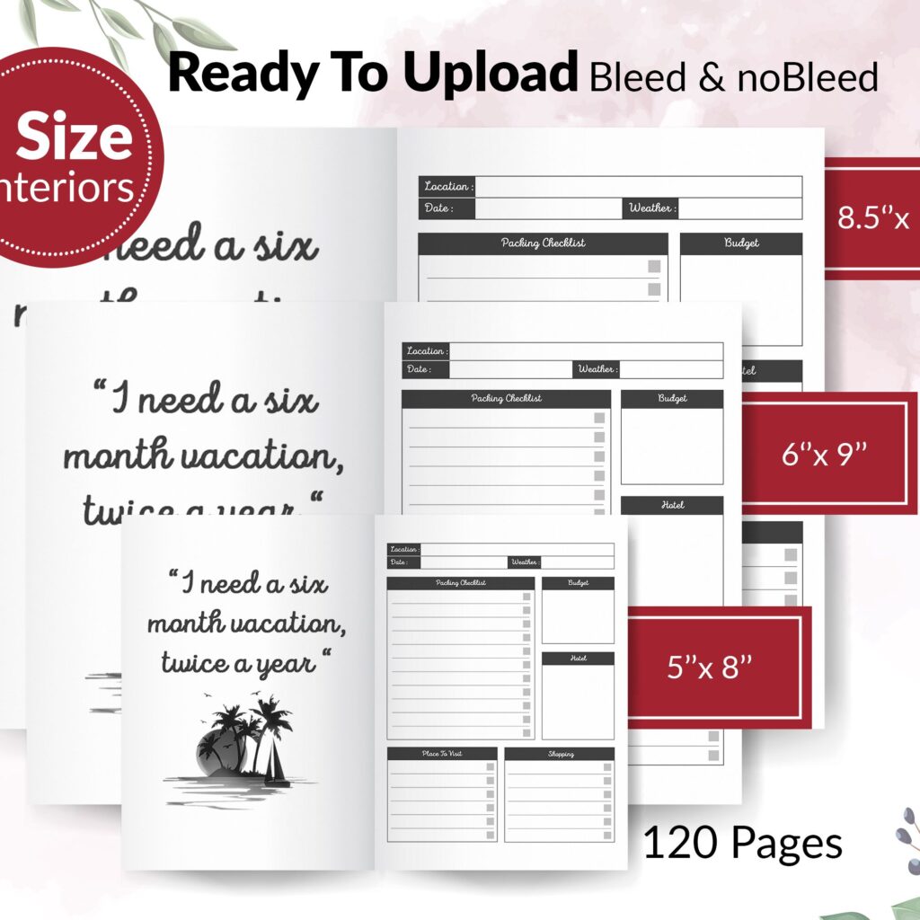 Vacation Planner Journal 120 pages Ready to Upload PDF Commercial use Low Content tracker Vacation Log book KDP Template 6×9 8.5×11 5×8