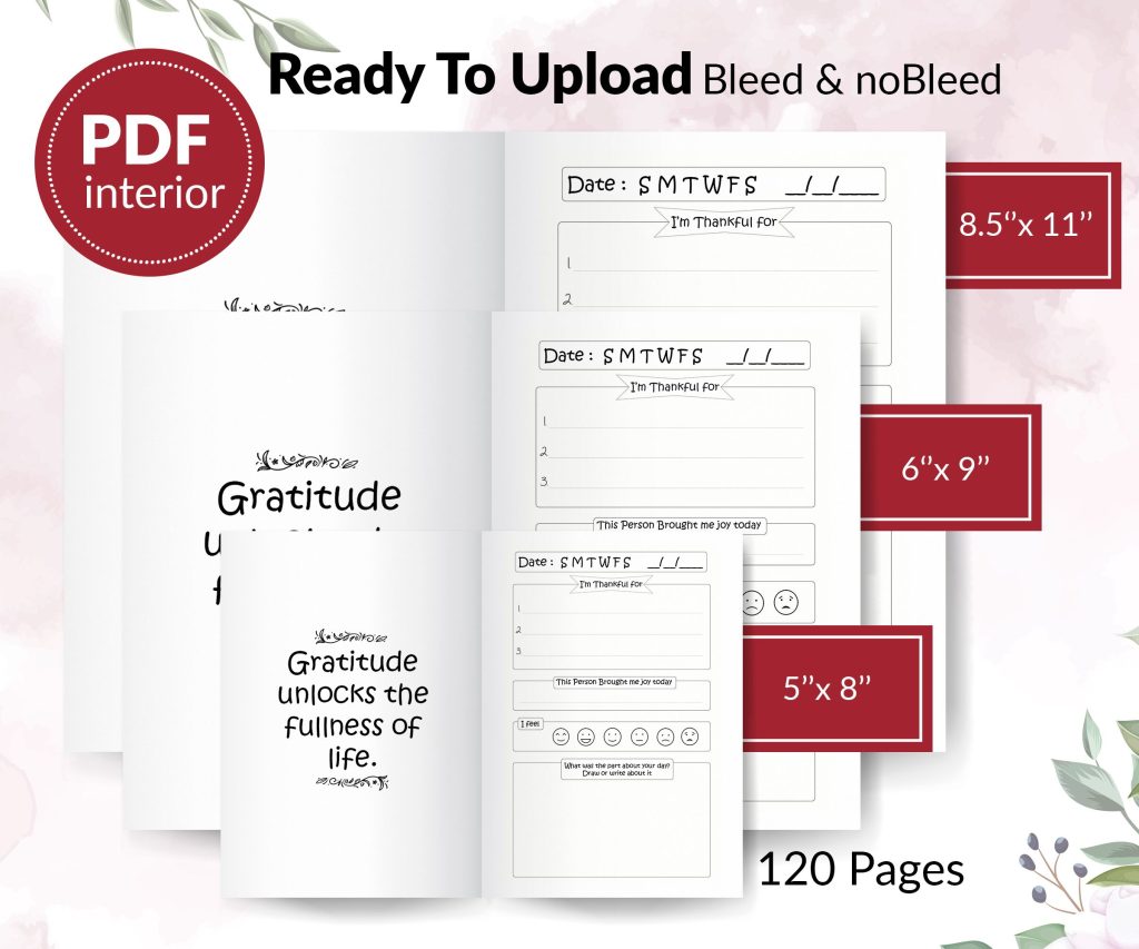 Daily Gratitude Journal 120 pages Ready to Upload PDF Commercial use Low Content Book KDP Template 6×9 8.5×11 5×8