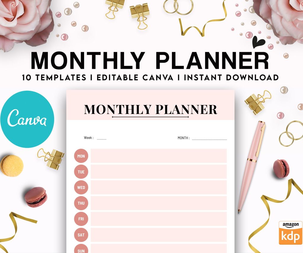 Canva Daily Weekly Monthly Planner 10 Templates for Journal, Canva KDP Planner editable interiors Bundle COMMERCIAL USE