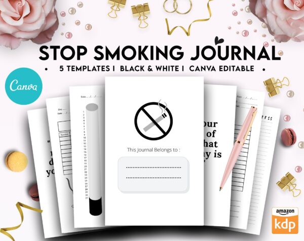 Stop Smoking Tracker Journal 5 Editable Canva Templates for Journal, Canva KDP editable interior to Quit Smoking