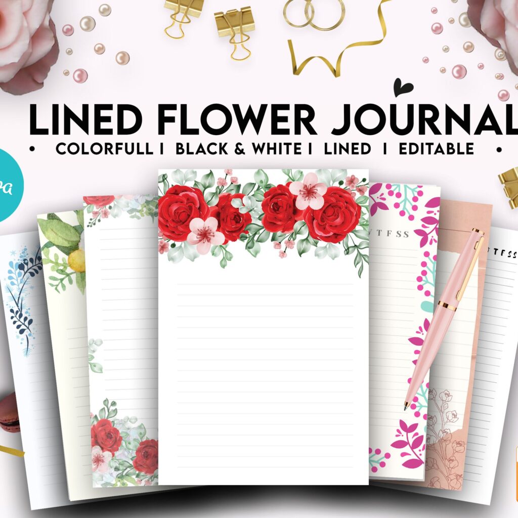 flower journal, Canva Lined Flower Journal, 20 Editable Templates for Notebook, Canva KDP editable interiors Bundle