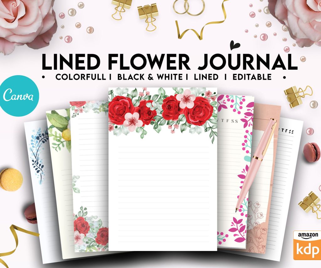 flower journal, Canva Lined Flower Journal, 20 Editable Templates for Notebook, Canva KDP editable interiors Bundle