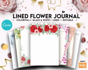 flower journal, Canva Lined Flower Journal, 20 Editable Templates for Notebook, Canva KDP editable interiors Bundle