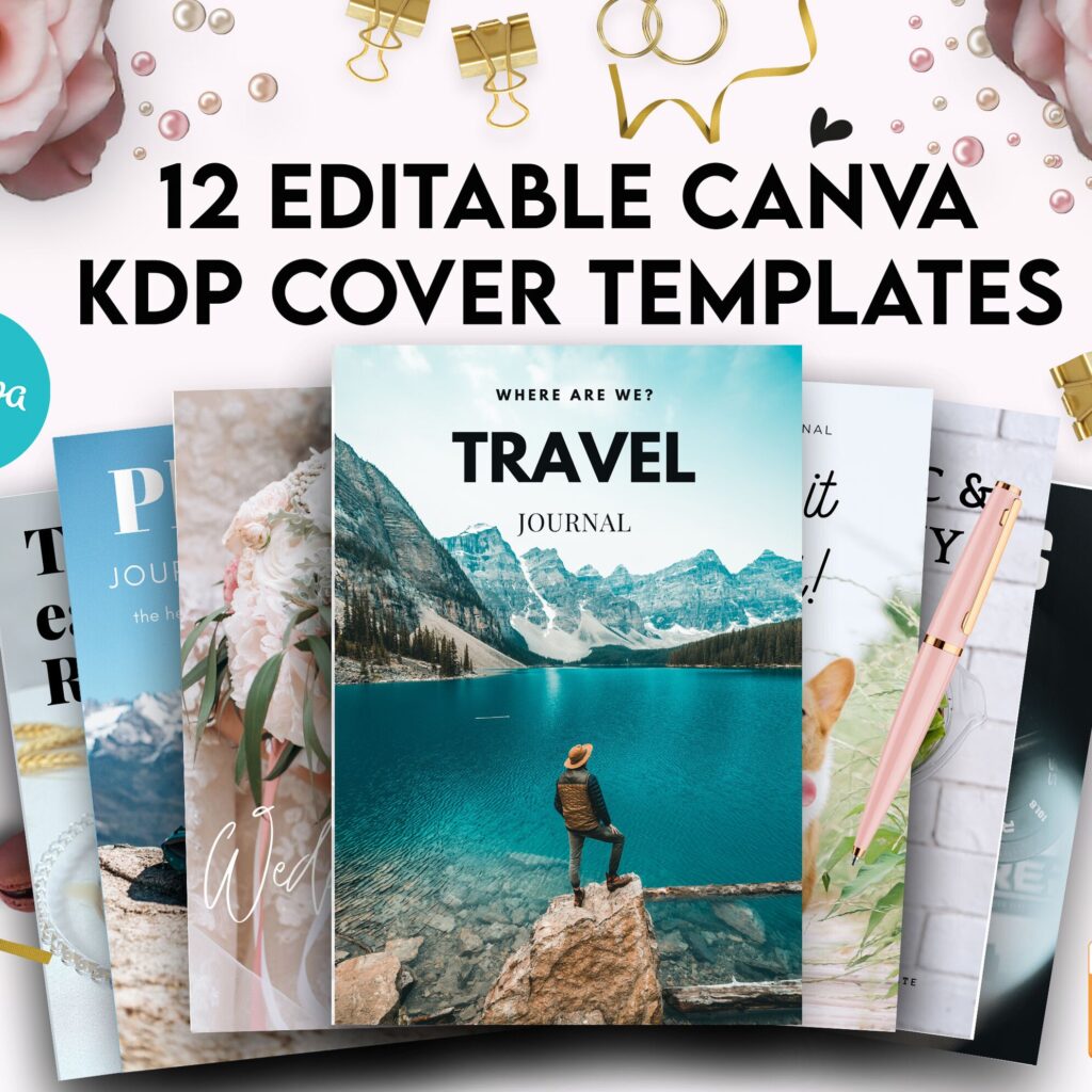 editable book cover template, 12 Canva kdp cover template Editable for book cover, Canva KDP Cover bundle journal 6×9″ Fitness, Wedding, Cookbook, Travel..