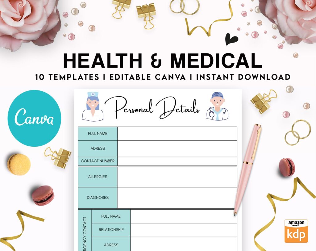 10 Editable Canva Health & Medical Planner Templates for Journal, Canva KDP Planner editable interiors Bundle COMMERCIAL