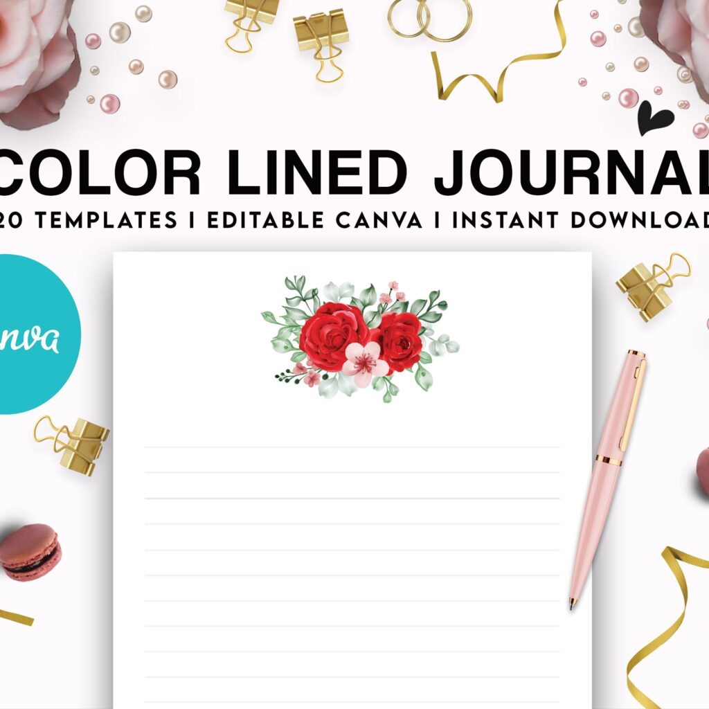 Canva Lined Flower Journal, 20 Editable Templates for Notebook, Canva KDP editable interiors Bundle