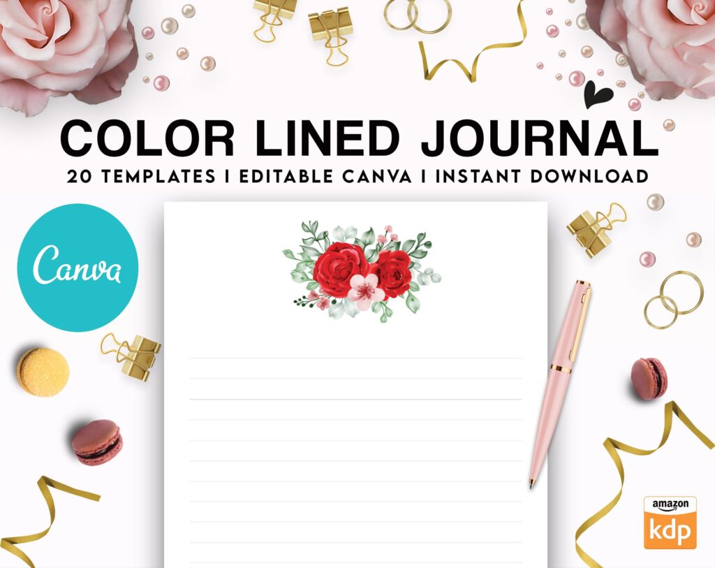 Canva Lined Flower Journal, 20 Editable Templates for Notebook, Canva KDP editable interiors Bundle