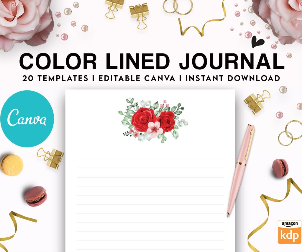 Canva Lined Flower Journal, 20 Editable Templates for Notebook, Canva KDP editable interiors Bundle
