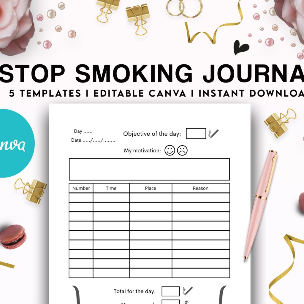 Stop Smoking Tracker Journal 5 Editable Canva Templates for Journal, Canva KDP editable interior to Quit Smoking COMMERCIAL USE