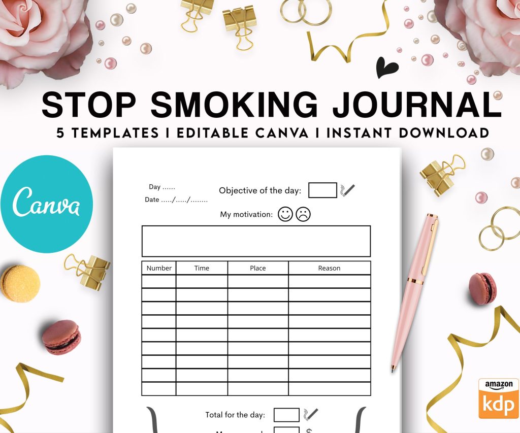Stop Smoking Tracker Journal 5 Editable Canva Templates for Journal, Canva KDP editable interior to Quit Smoking COMMERCIAL USE