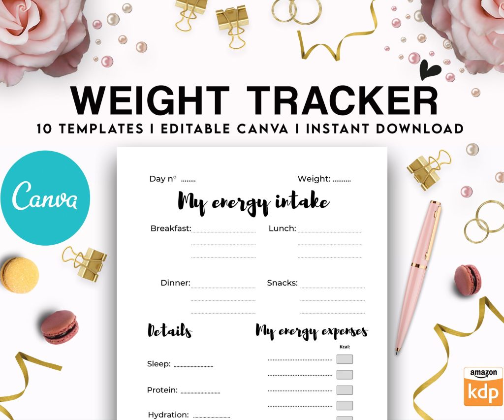 Canva Fitness & Weight Loss Tracker Journal 10 Editable Templates Planner for Journal, Canva KDP editable interiors Bundle COMMERCIAL USE
