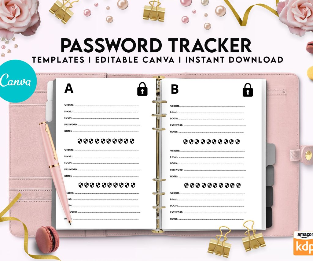 Canva editable Password Tracker book template Commercial Use, Canva KDP interior Template