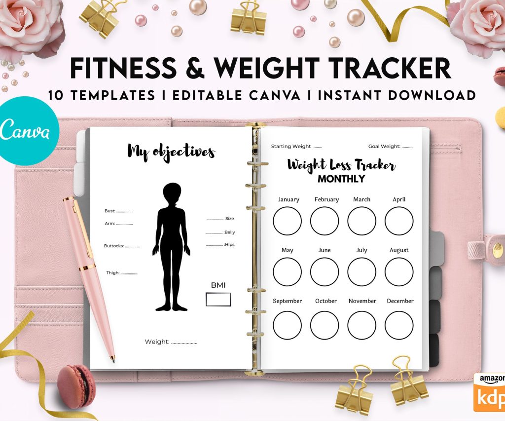 Canva Fitness & Weight Loss Tracker Journal 10 Editable Templates Planner for Journal, Canva KDP editable interiors Bundle COMMERCIAL USE
