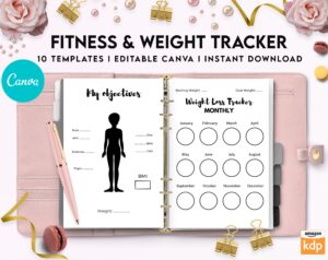 Canva Fitness & Weight Loss Tracker Journal 10 Editable Templates Planner for Journal, Canva KDP editable interiors Bundle COMMERCIAL USE