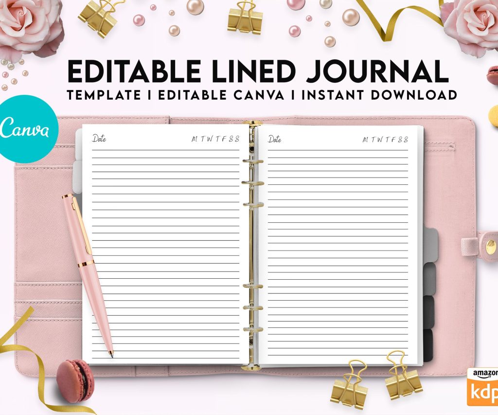 Canva Editable Lined Page Journal Commercial Use, Canva KDP Template for journals, Notebooks, Diaries…