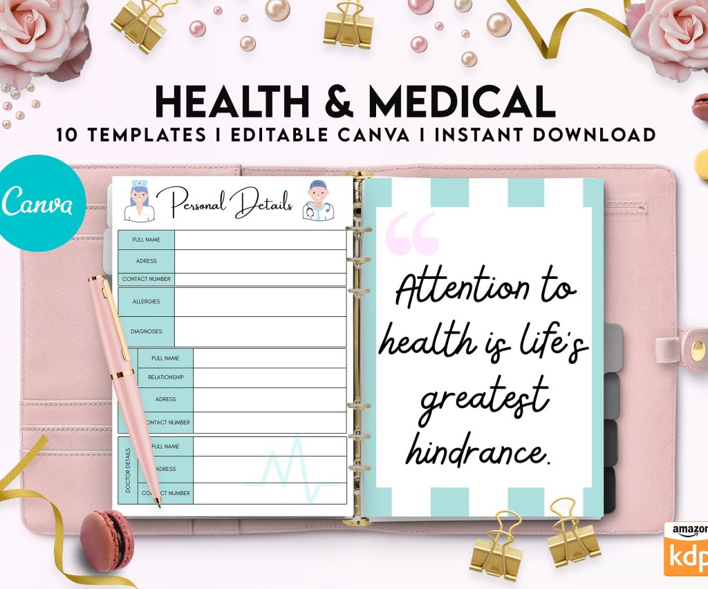 10 Editable Canva Health & Medical Planner Templates for Journal, Canva KDP Planner editable interiors Bundle COMMERCIAL