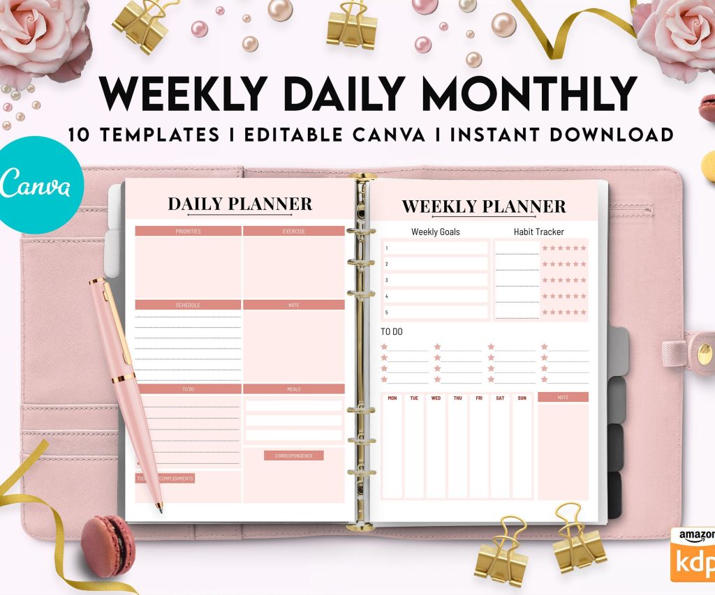 Canva Daily Weekly Monthly Planner 10 Templates for Journal, Canva KDP Planner editable interiors Bundle COMMERCIAL USE