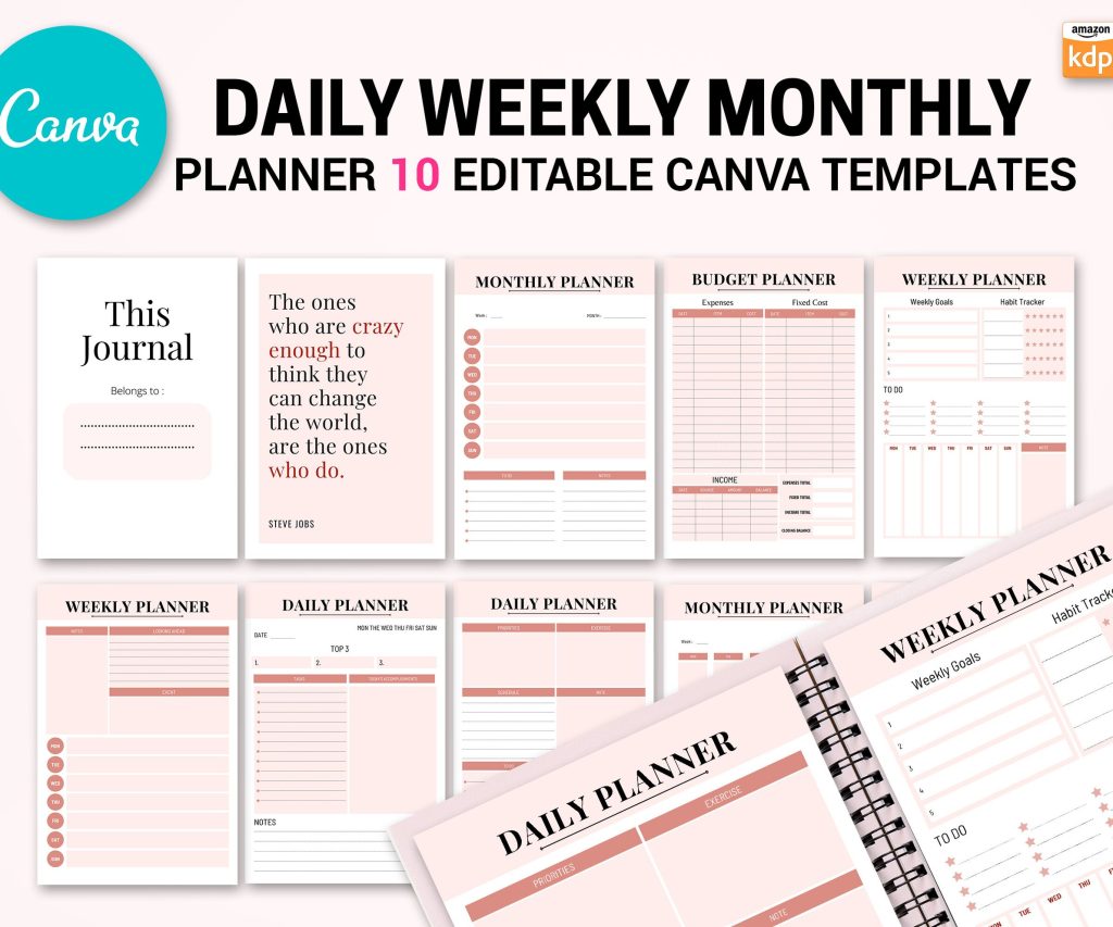 Canva Daily Weekly Monthly Planner 10 Templates for Journal, Canva KDP Planner editable interiors Bundle COMMERCIAL USE