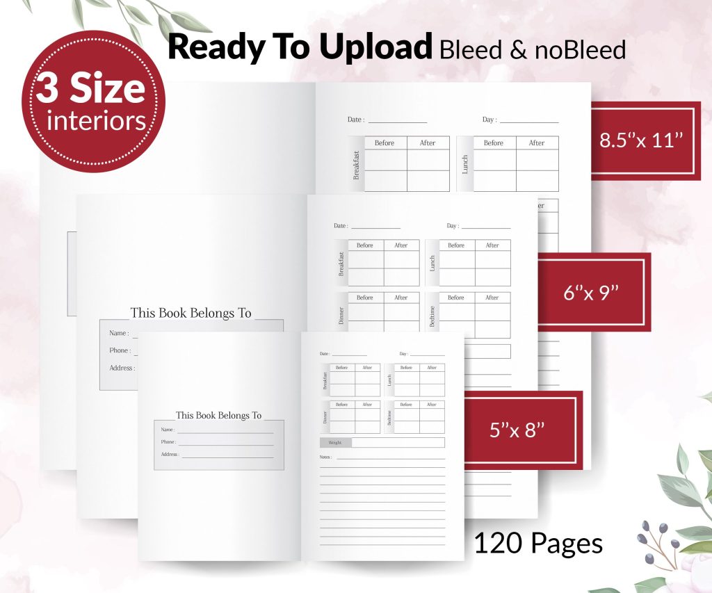 Diabetic Log Book 120 pages Ready to Upload PDF Commercial use Low Content tracker or log Book KDP Template 6×9 8.5×11 5×8