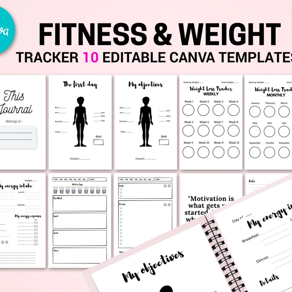 Canva Fitness & Weight Loss Tracker Journal 10 Editable Templates Planner for Journal, Canva KDP editable interiors Bundle COMMERCIAL USE