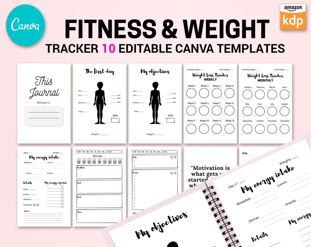 Canva Fitness & Weight Loss Tracker Journal 10 Editable Templates Planner for Journal, Canva KDP editable interiors Bundle COMMERCIAL USE