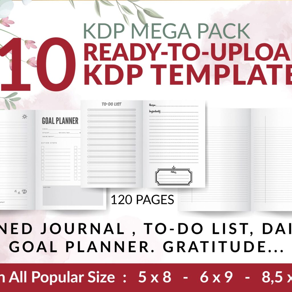 KDP Mega Bundle 10 Templates 60 interiors Lined Pages, doted, To-Do List, planner, Journal ,Notebook, Ready To Upload PDF COMMERCIAL Use